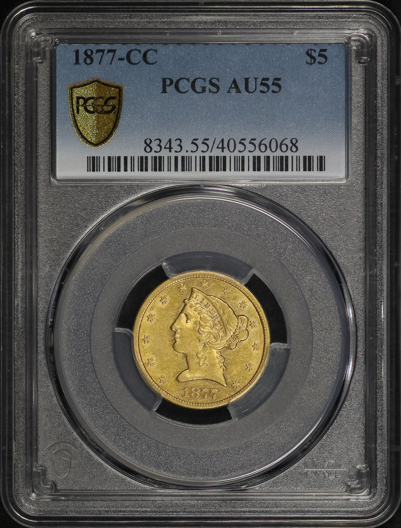 Obverse of this 1877-CC Liberty Head $5 PCGS AU-55