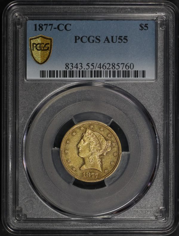 Obverse of this 1877-CC Liberty Head $5 PCGS AU-55