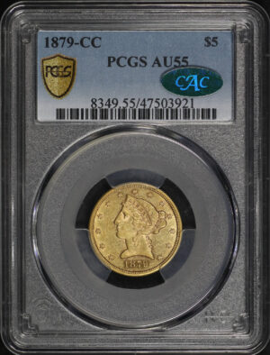 Obverse of this 1879-CC Liberty Head $5 PCGS AU-55 CAC