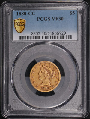 Obverse of this 1880-CC Liberty Head $5 PCGS VF-30