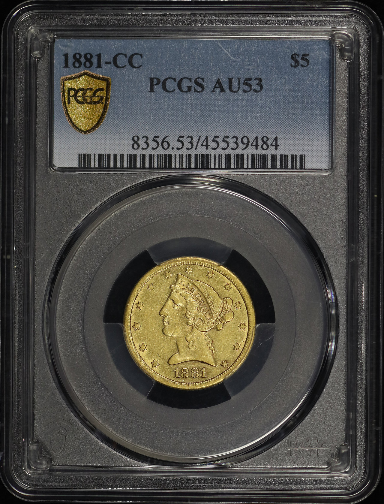 Obverse of this 1881-CC Liberty Head $5 PCGS AU-53