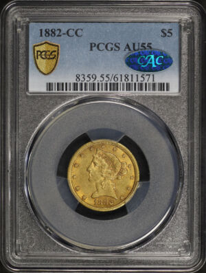 Obverse of this 1882-CC Liberty Head $5 PCGS AU-55 CAC