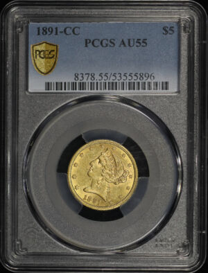 Obverse of this 1891-CC Liberty Head $5 PCGS AU-55
