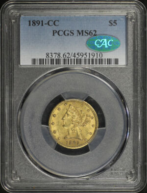Obverse of this 1891-CC Liberty Head $5 PCGS MS-62 CAC
