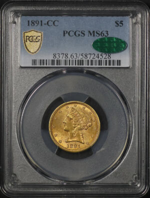 Obverse of this 1891-CC Liberty Head $5 PCGS MS-63 CAC