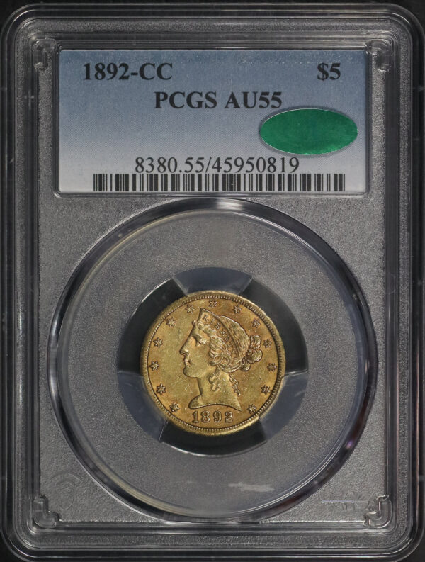 Obverse of this 1892-CC Liberty Head $5 PCGS AU-55 CAC