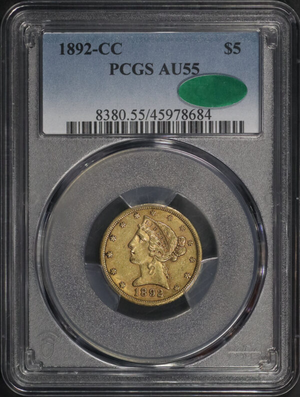 Obverse of this 1892-CC Liberty Head $5 PCGS AU-55 CAC