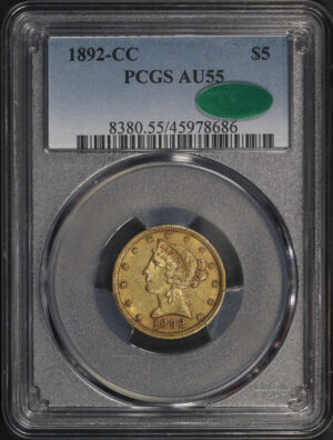 Obverse of this 1892-CC Liberty Head $5 PCGS AU-55 CAC