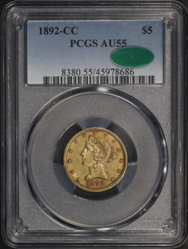 Obverse of this 1892-CC Liberty Head $5 PCGS AU-55 CAC