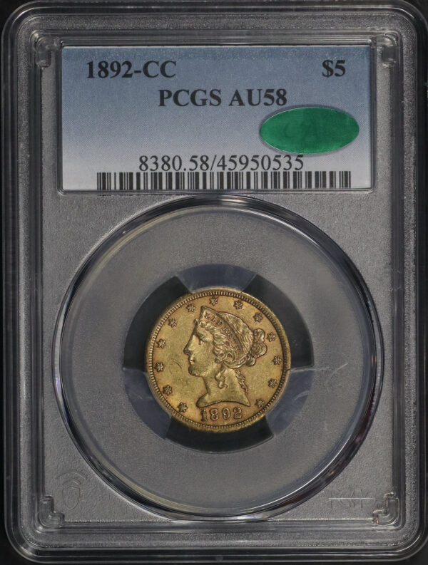 Obverse of this 1892-CC Liberty Head $5 PCGS AU-58 CAC