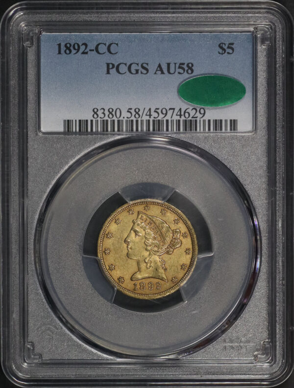 Obverse of this 1892-CC Liberty Head $5 PCGS AU-58 CAC