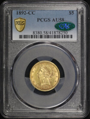 Obverse of this 1892-CC Liberty Head $5 PCGS AU-58 CAC