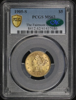 Obverse of this 1905-S Liberty Head $5 PCGS MS-62 CAC The Fairmont Collection