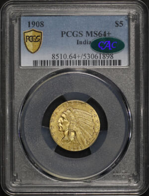 Obverse of this 1908 Indian $5 PCGS MS-64+ CAC