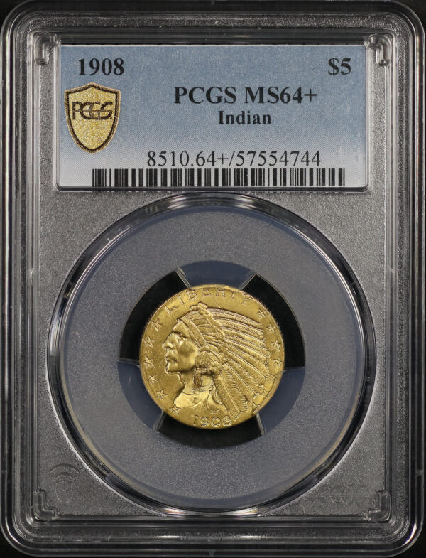 Obverse of this 1908 Indian $5 PCGS MS-64+