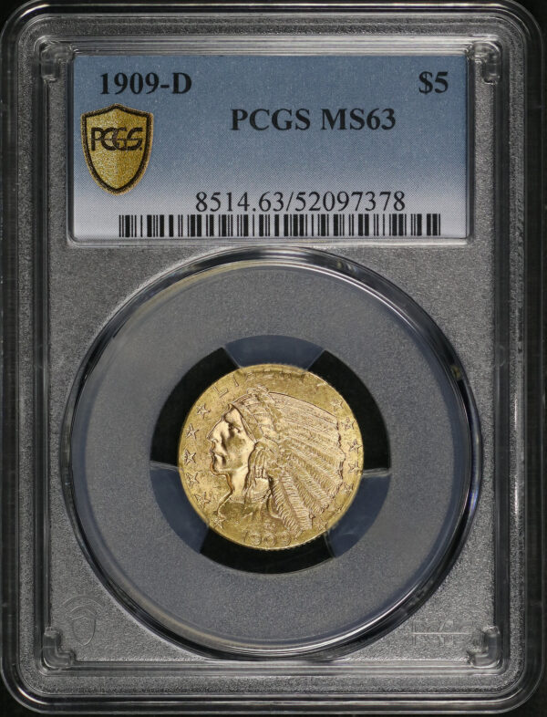 Obverse of this 1909-D Indian $5 PCGS MS-63