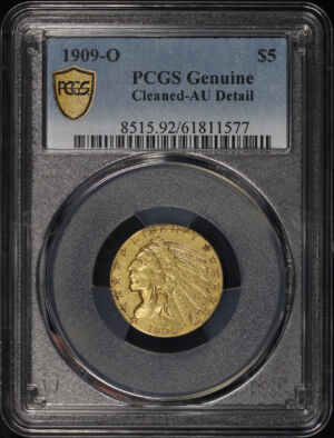 Obverse of this 1909-O Indian $5 PCGS AU Details Cleaned