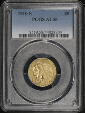 Obverse of this 1910-S Indian $5 PCGS AU-58