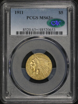 Obverse of this 1911 Indian $5 PCGS MS-63+ CAC