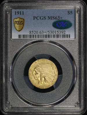 Obverse of this 1911 Indian $5 PCGS MS-63+ CAC