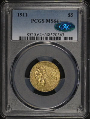 Obverse of this 1911 Indian $5 PCGS MS-64+ CAC
