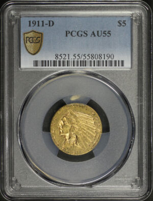 Obverse of this 1911-D Indian $5 PCGS AU-55
