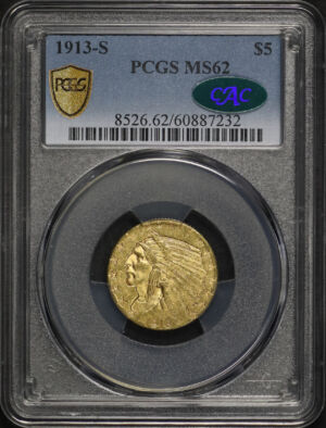 Obverse of this 1913-S Indian $5 PCGS MS-62 CAC