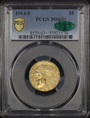 Obverse of this 1914-S Indian $5 PCGS MS-63+ CAC
