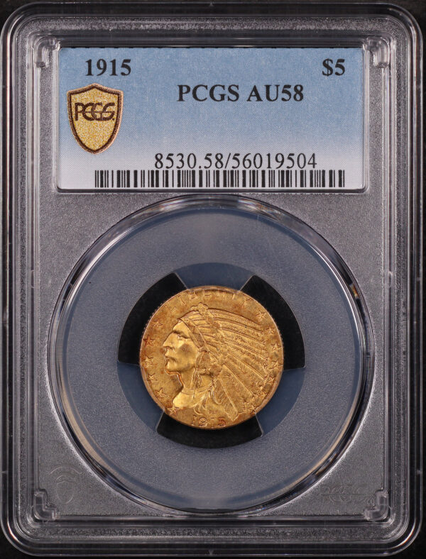 Obverse of this 1915 Indian $5 PCGS AU-58