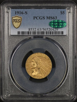 Obverse of this 1916-S Indian $5 PCGS MS-63 CAC