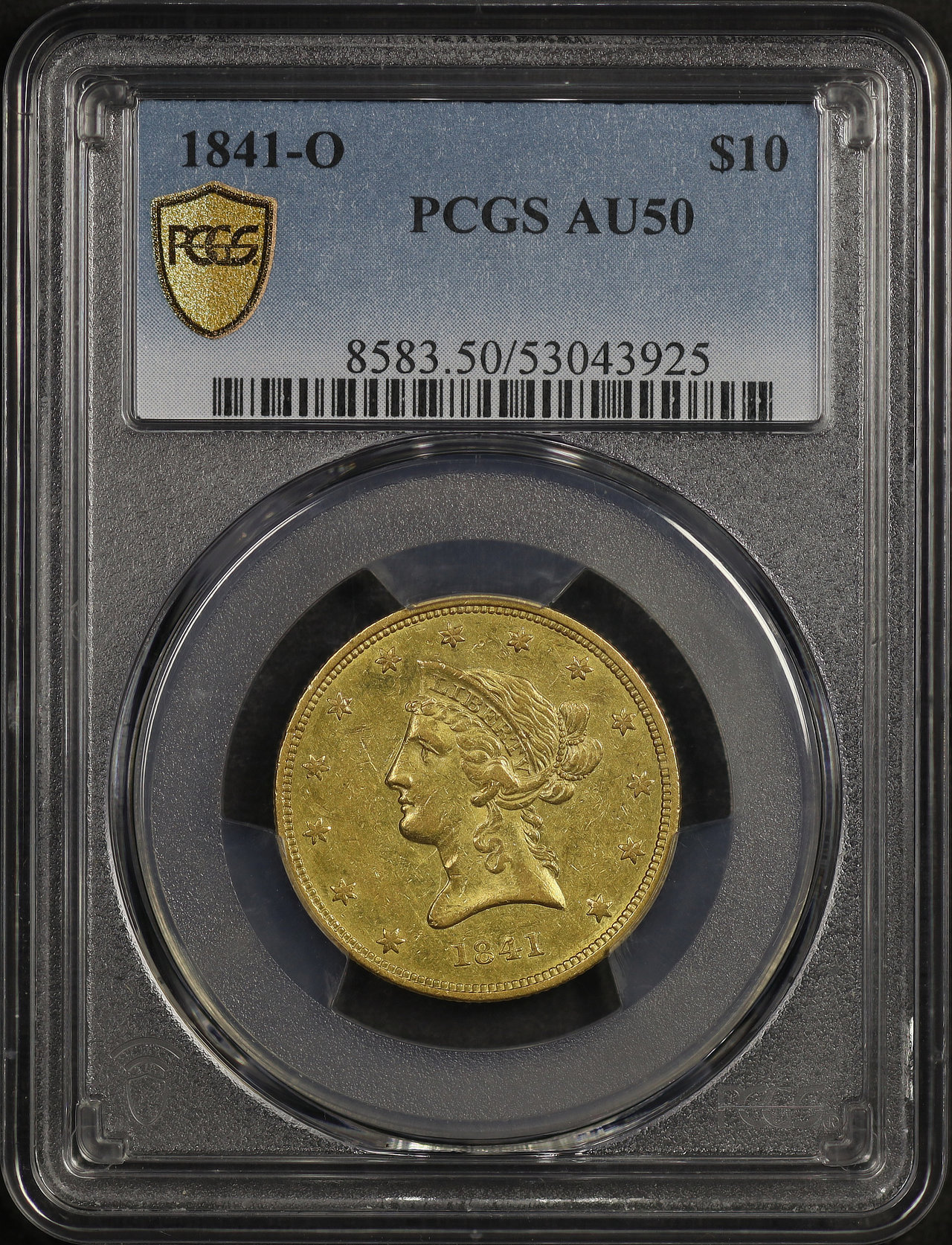 Obverse of this 1841-O Liberty Head $10 PCGS AU-50