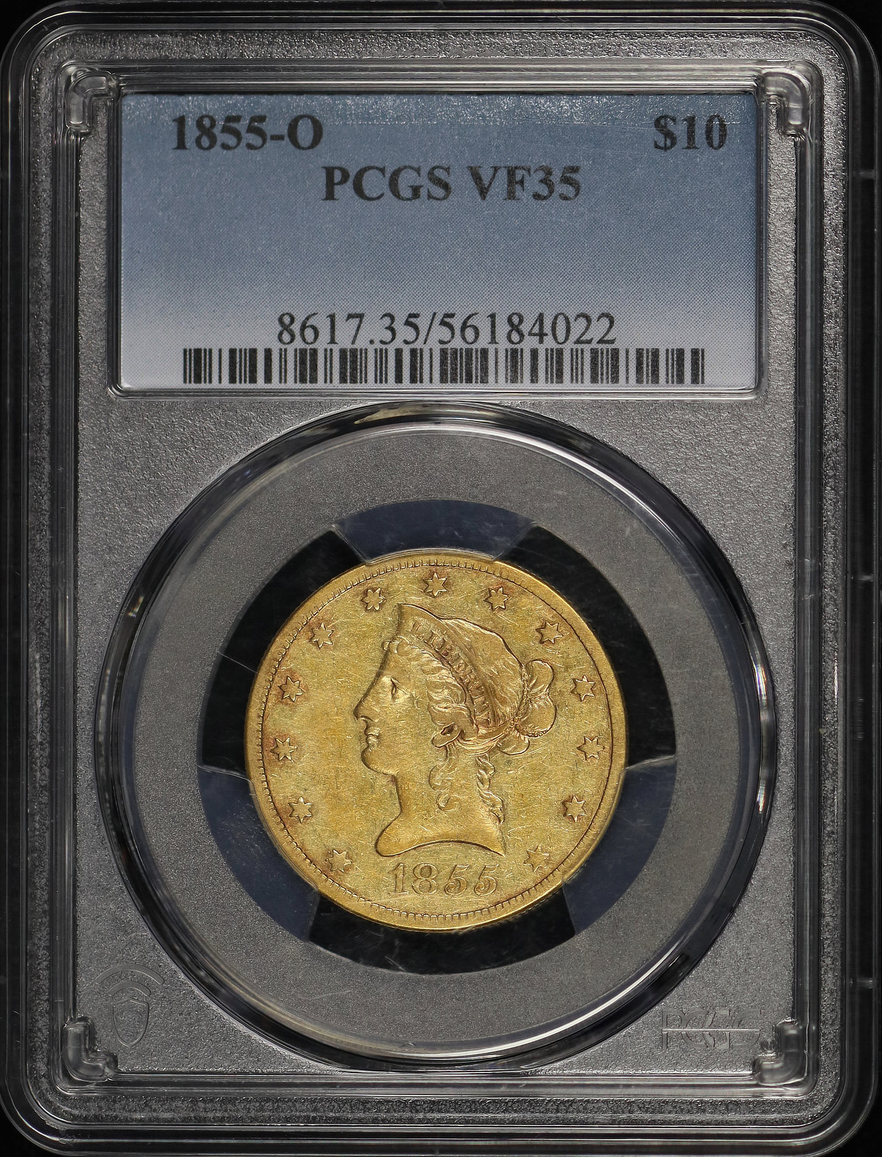 Obverse of this 1855-O Liberty Head $10 PCGS VF-35