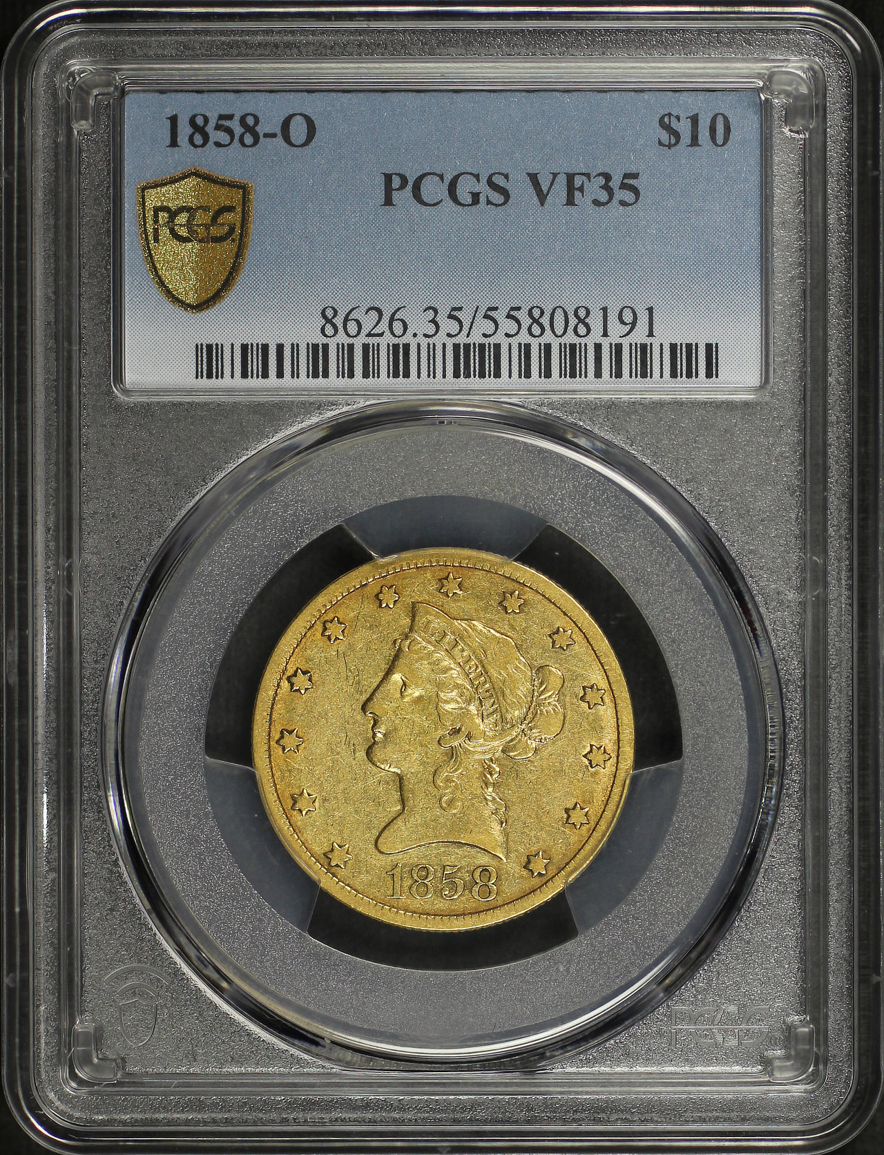 Obverse of this 1858-O Liberty Head $10 PCGS VF-35