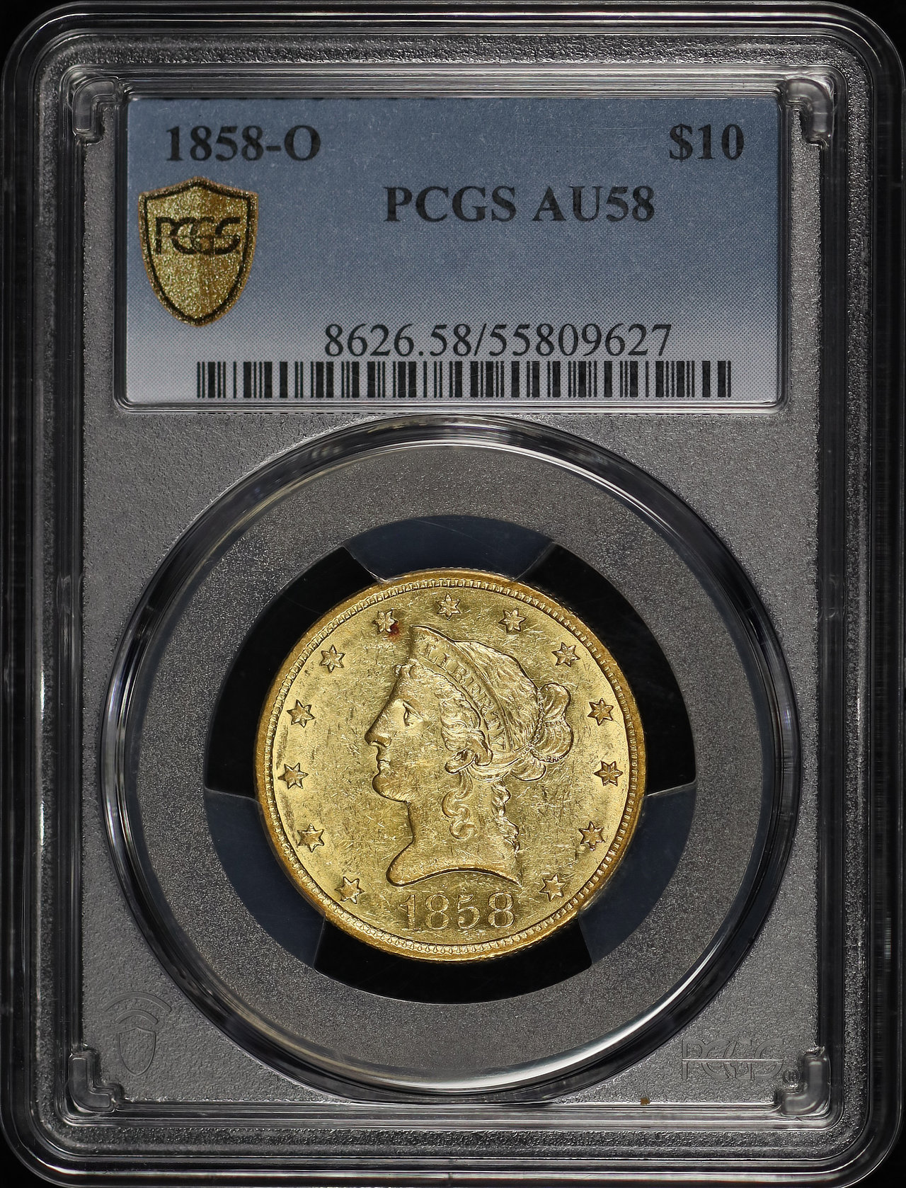 Obverse of this 1858-O Liberty Head $10 PCGS AU-58