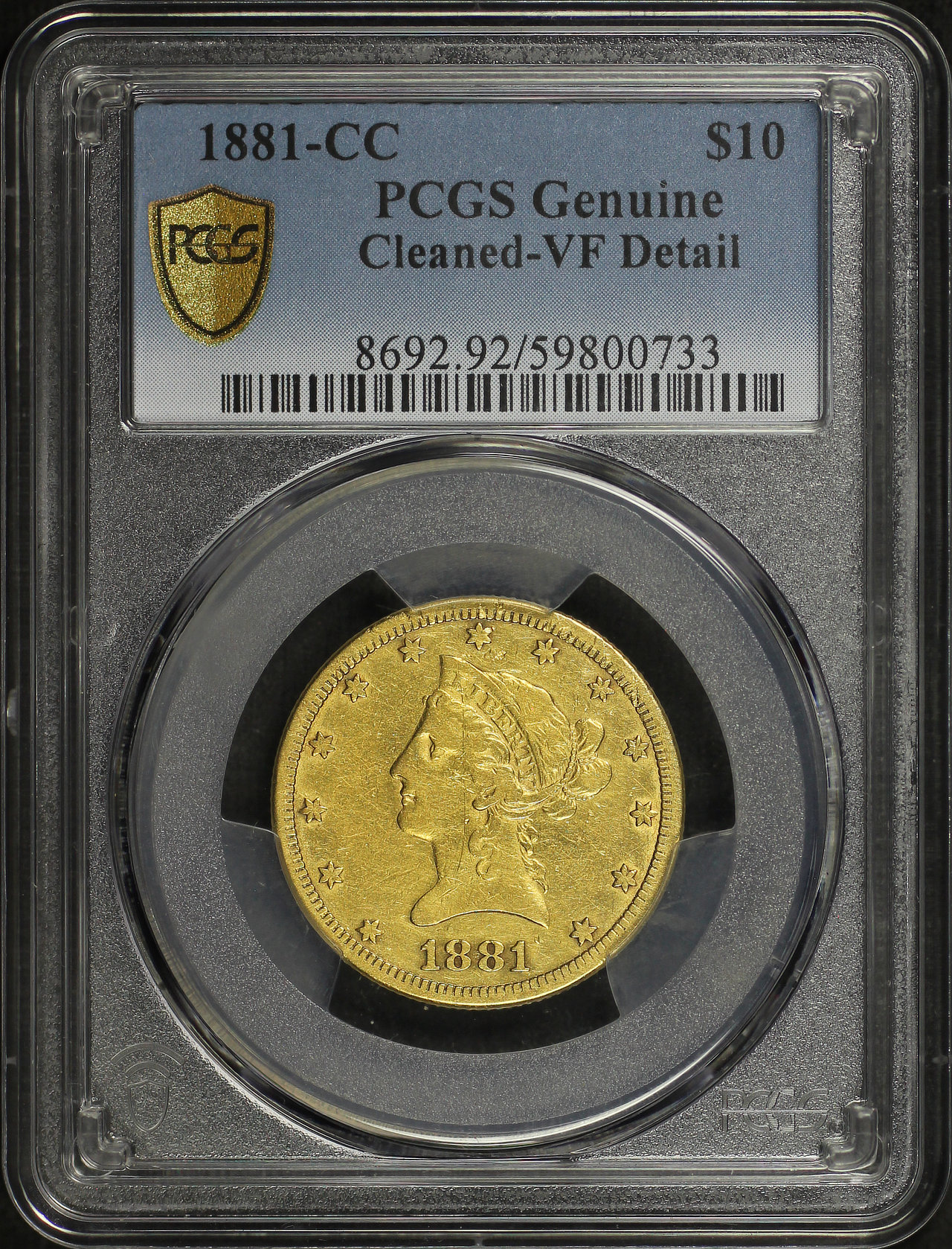 Obverse of this 1881-CC Liberty Head $10 PCGS VF Details Cleaned