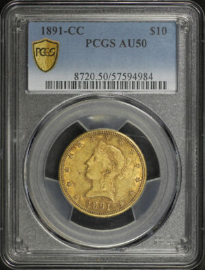 Obverse of this 1891-CC Liberty Head $10 PCGS AU-50