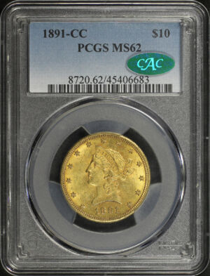 Obverse of this 1891-CC Liberty Head $10 PCGS MS-62 CAC