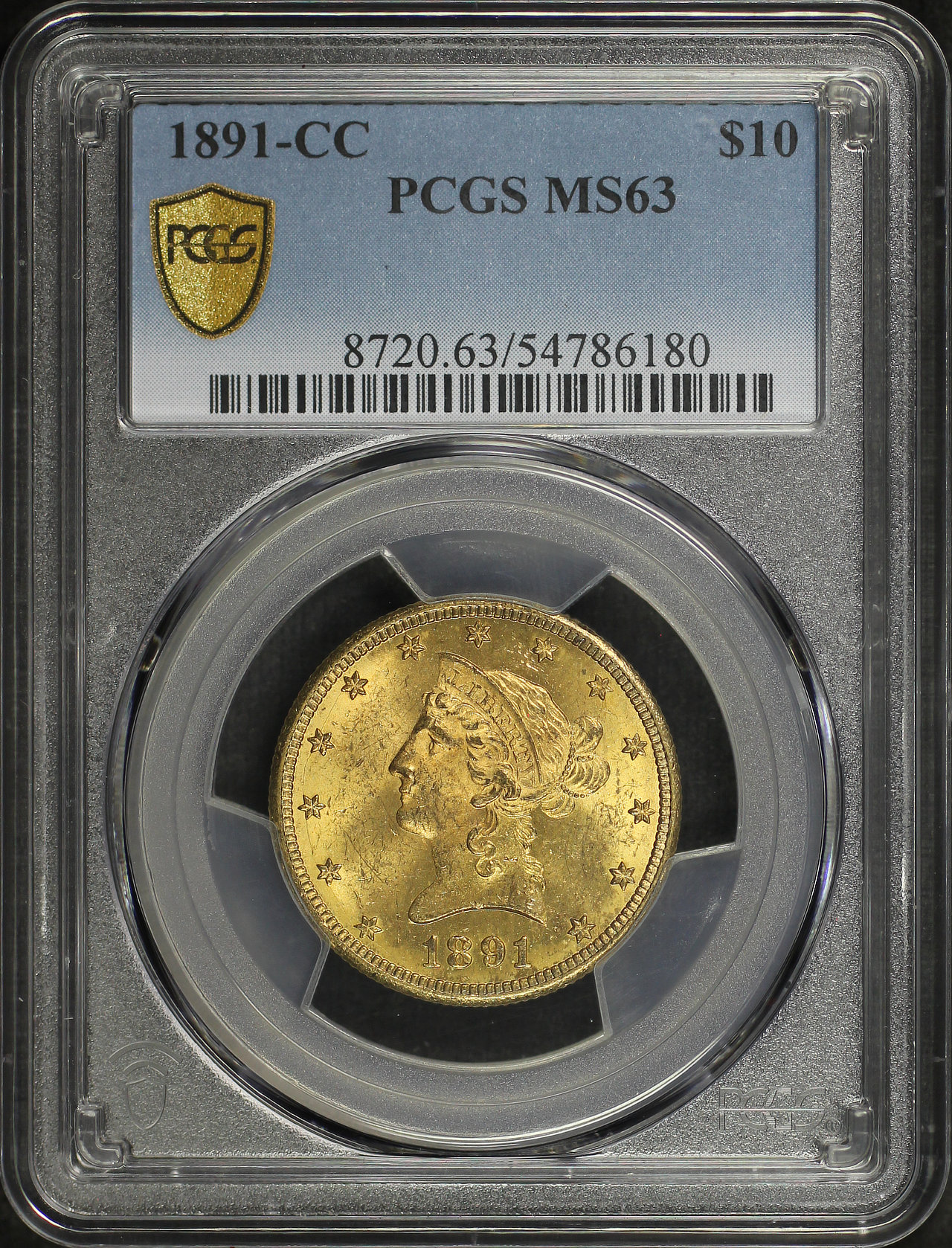 Obverse of this 1891-CC Liberty Head $10 PCGS MS-63