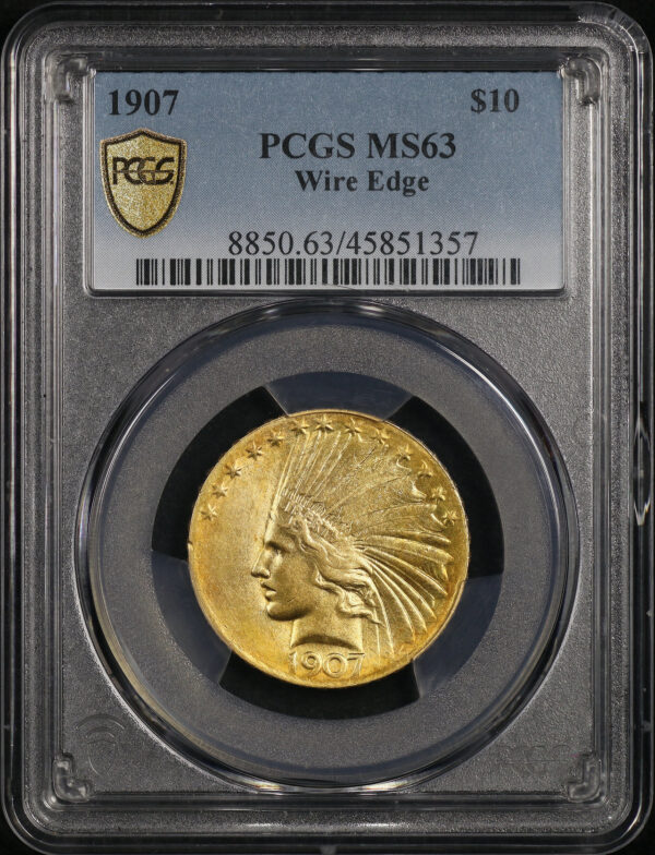 Obverse of this 1907 Indian $10 Indian, Wire Rim PCGS MS-63