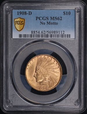 Obverse of this 1908-D Indian $10 No Motto PCGS MS-62