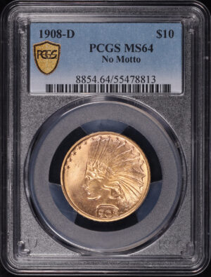 Obverse of this 1908-D Indian $10 No Motto PCGS MS-64
