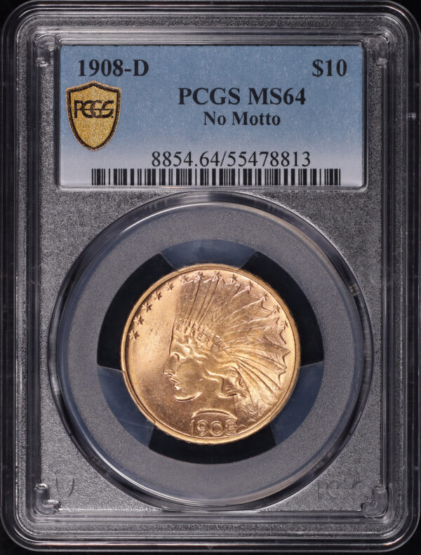 Obverse of this 1908-D Indian $10 No Motto PCGS MS-64