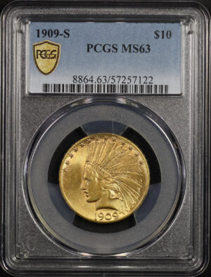 Obverse of this 1909-S Indian $10 Motto PCGS MS-63