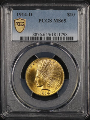 Obverse of this 1914-D Indian $10 Motto PCGS MS-65