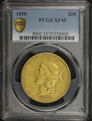 Obverse of this 1850 Liberty Head $20 Type 1 PCGS XF-45