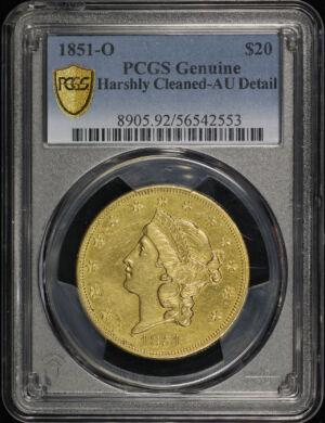 Obverse of this 1851-O Liberty Head $20 Type 1 PCGS AU Details Cleaned