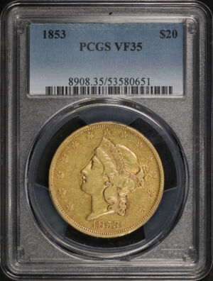 Obverse of this 1853 Liberty Head $20 Type 1 PCGS VF-35