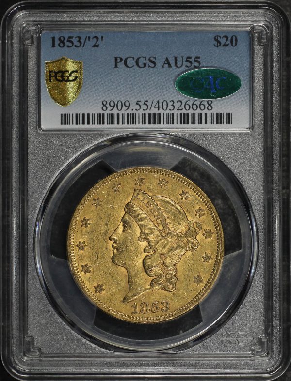 Obverse of this 1853/2 Liberty Head $20 Type 1 PCGS AU-55 CAC
