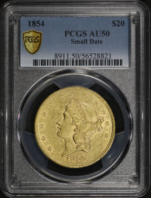 Obverse of this 1854 Liberty Head $20 Type 1 Small Date PCGS AU-50