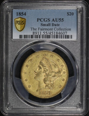 Obverse of this 1854 Liberty Head $20 Type 1 Small Date The Fairmont Collection PCGS AU-55